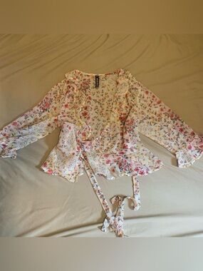 Reserved White Floral Wrap Blouse with Pink & Yellow Accents